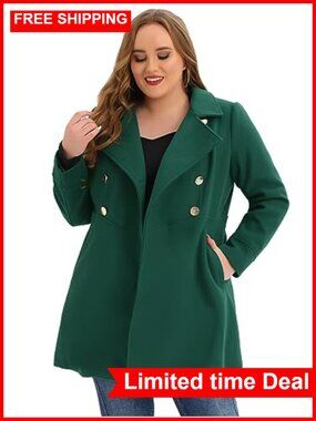 Plus Size Double Breasted A-Line Pea Coat Midi Wool Blend Winter